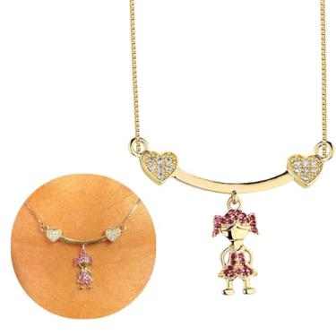 Imagem de Colar Corrente Feminina Pingente Filhos Filhas 1 Menino 1 Menina Banhado a ouro 18k Banho paládio hipoalérgico Cravejado com Pedra Zircônia Santo Estillo Semijoia (1 Menina)