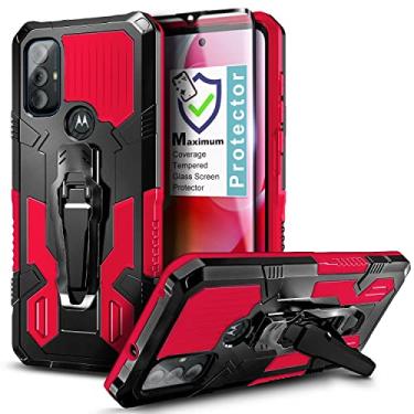 Imagem de NZND Capa compatível com Motorola Moto G Go (AT&T XT2163-7 6,5 polegadas) com protetor de tela de vidro temperado, clipe de cinto embutido, capa protetora à prova de choque de camada dupla (vermelha)