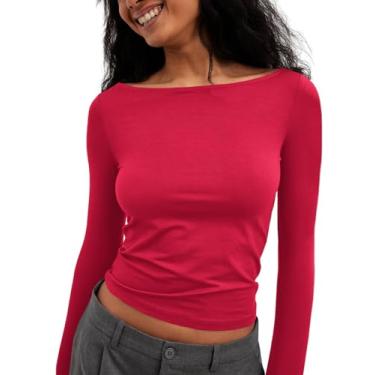Imagem de Tankaneo Camisetas femininas de manga comprida básicas para sair com gola canoa Y2K, Vermelho, GG