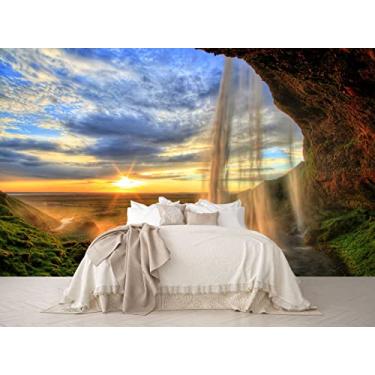 Imagem de Reyhui Papel de parede mural de cenário natural cachoeira e nascer do sol mural papel de parede para quarto sala de estar TV fundo sofá parede (não autoadesivo)