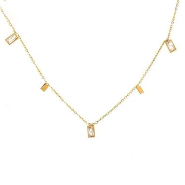 Imagem de Loqimu Gargantilha de clavícula de titânio dourado com pingente retangular de zircônia cúbica para mulheres adolescentes elegância delicada colar de elos de corrente, Aço inoxidável, Zircônia cúbica