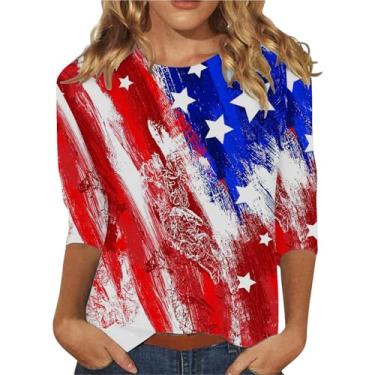 Imagem de Camisetas patrióticas femininas com bandeira americana listras estrelas manga 3/4 4 4 de julho tops para sair 2024, A - laranja, M