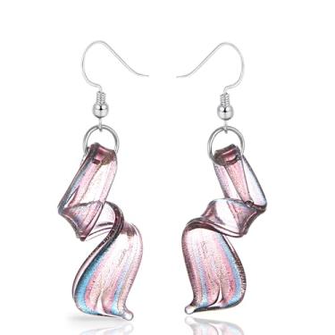 Imagem de BESHEEK Brincos pendentes feitos à mão em vidro torcido rosa roxo azul inspirado em Murano | Jóias artesanais artesanais sopradas feitas à mão, estilo italiano, Zinco, Sem pedra preciosa