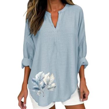 Imagem de Camiseta feminina de linho, gola V, manga comprida, estampa floral, folgada, casual, elegante, Azul-celeste, 3G