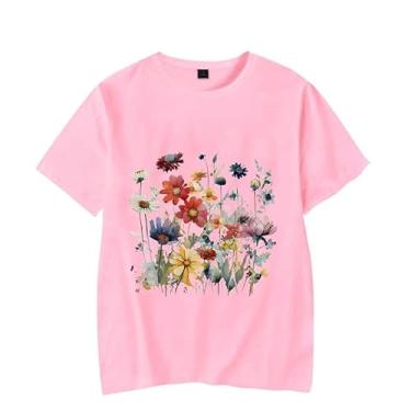 Imagem de QLIFSHI Camisetas femininas casuais de verão com estampa floral criativa gola redonda e manga curta, rosa, XXG