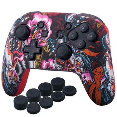 Imagem de YoRHa Studded Silicone Transfer Print Cover Skin Case ONLY for Nitendo Official Switch Pro Controller x 1(Dragon Red) with Pro Thumb Grips x 8