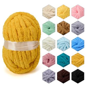 Imagem de ERLYEEN Fio grosso de chenille, super volumoso, macio, fofo, gigante, lavável, poliéster, faça você mesmo, para manta de malha de braço, almofada, sofá, decoração de casa, açafrão, 2 kg
