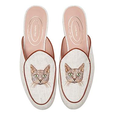 Imagem de Journey West Sapatilhas femininas mules com bordado belgas mocassins sem cadarço para mulheres, Gato, branco, redondo, 8.5