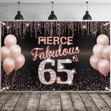 Imagem de JOYKY Fierce Fabulous and 65 Banner, decorações de festa de aniversário de 65 anos de ouro rosa para mulheres, artigos de aniversário de 65 anos, decoração de pano de fundo para ela, 15 x 9 metros