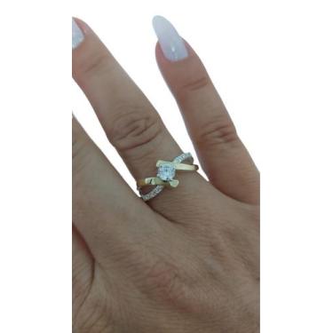 Imagem de Anel Solitário Elegante De Prata 925 Com Apliques De Ouro 14 K E Zircô