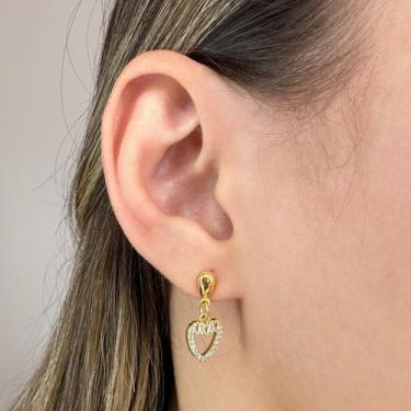 Imagem de Brinco Gota Lisa e Coração Cravejado Banhado em Ouro 18k - Anastásia J