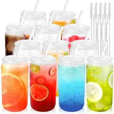Imagem de Joyclub 12 peças de copos de vidro com tampas de acrílico e canudos de 473 ml, copos de café gelado em forma de lata com tampas e canudos, copos de bebida fofos para smoothie whisky boba refrigerante