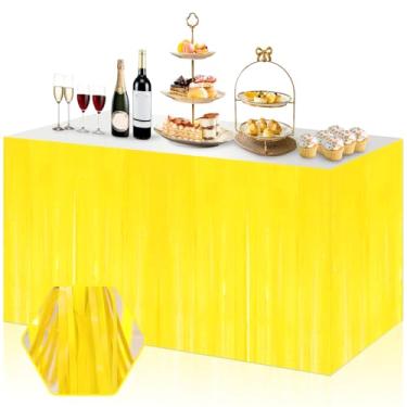 Imagem de Pacote com 3 saias de mesa 73 x 276 cm amarelo macaron folha metálica franja tinsel tabelas retangulares casamento aniversário feriado festa, desfile boia festa carnaval
