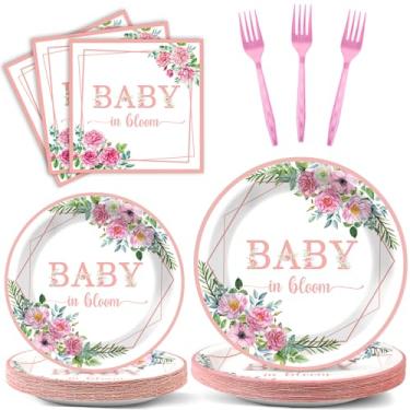 Imagem de OBUSATT 96 peças de artigos de festa para bebês em flor, pratos de papel florais, guardanapos, decorações de festa de chá de bebê, floral, para meninas, lembrancinha de aniversário, rosa, utensílios