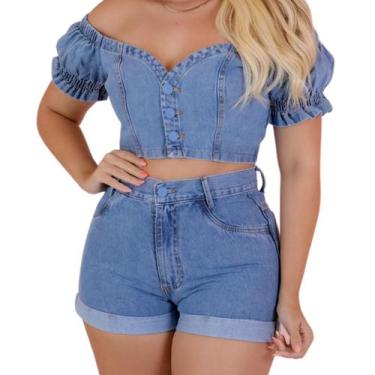Imagem de Conjunto Jeans Feminino Short e Cropped Jeans Modelo Sensação - Afrodi