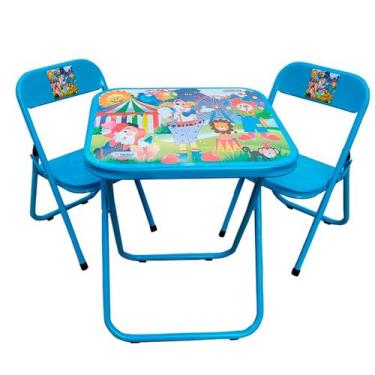 Imagem de Conjunto Mesa Mesinha Infantil e 2 Cadeiras Dobrável Até 40 Kg Azul Es