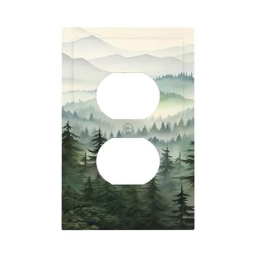 Imagem de WJLKSJD Green Misty Forest Mountain Duplex Outlet Covers Light Switch Plate Cover Decorative Pinheiro Tree Wall Plates Country Electrical Faceplate Lightswitch Plate para cozinha, banheiro, quarto