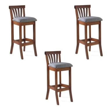 Imagem de Kit 3 Banquetas Alta Madeira Maciça Bakeri Linho Cinza/Imbuia G42 - Gr