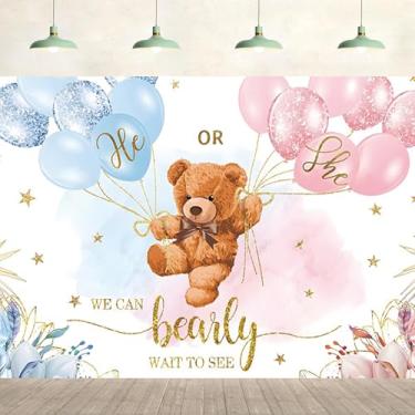 Imagem de Pano de fundo revelador de gênero de 2,1 x 1,5 m We Can Bearly Wait to Meet You Pink Blue Balloon Bear Background Kids Retratos de festa decoração de mesa de bolo de parede adereços de estúdio