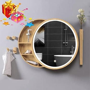 Imagem de Armário de remédios com luzes, espelho de armazenamento de banheiro iluminado por LED, espelho deslizante de parede redondo (cor: cor nogueira, tamanho: armário de espelho de 70 cm), cor de madeira,