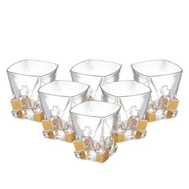 Imagem de Barski - Vidro de qualidade europeia - Cristal - Conjunto de 6 - Formato quadrado - Copos duplos à moda antiga - DOF - O copo tem 340 ml - com design de cubos de gelo dourados foscos - Os copos são