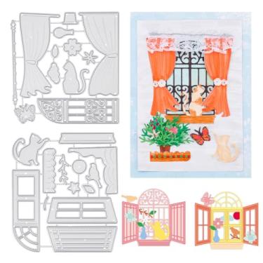 Imagem de INFUNLY Matrizes de corte de fundo de janela, metal, scrap-booking, matrizes em relevo, estêncil, com cortina, borboleta, gato, flor, pássaro, molde para fazer cartões de papel faça você mesmo, álbum