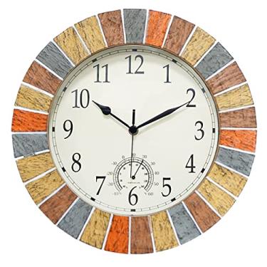 Imagem de UMEXUS Relógio e termômetro para ambientes externos, relógios de parede à prova d'água grandes de 35 cm, relógio retrô silencioso sem tique-taque operado por bateria à prova de intempéries para pátio, piscina, lanai, cerca, varanda, jardim (Amarelo)