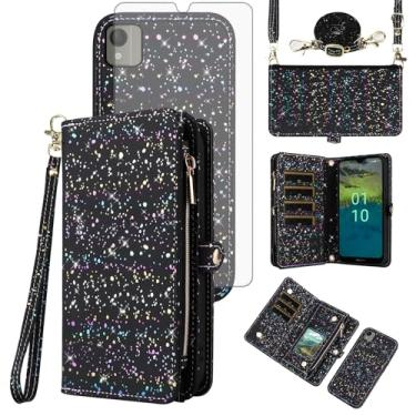 Imagem de Asuwish Capa de celular para Nokia C110 Carteira magnética destacável com protetor de tela de vidro temperado e compartimento para cartão com glitter, suporte flip, acessórios para celular C 110 4G
