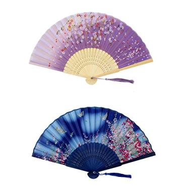 Imagem de Minelife 2 peças de leques de mão dobráveis pequenos para mulheres, leques de seda de bambu vintage japoneses chineses, leque floral dobrável com borla para casamento, dança, igreja, festa, presente