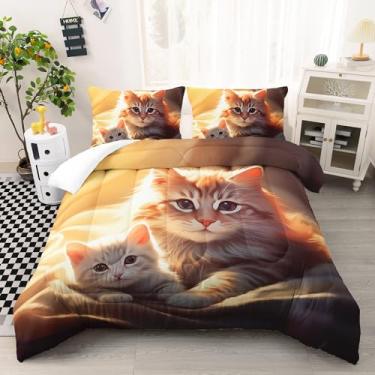 Imagem de AILONEN Conjunto de edredom Queen de gato kawaii 3D, lindos gatinhos com flores, para crianças, meninas, animais de estimação, gatos, 1 colcha, 2 fronhas, 3 fotos