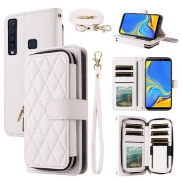 Imagem de Dswteny Argyle Capa carteira para Samsung Galaxy A9 2018 com alça de ombro, zíper couro PU flip suporte para cartão de crédito capa de celular para 9A Star Pro A9S A920 A920F mulheres meninas branca