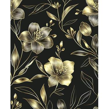 Imagem de Papel de parede floral dourado preto descascar e colar, papel de contato vintage flores escuras 44,5 cm x 1,000 cm, papel de parede botânico dourado autoadesivo à prova d'água removível para