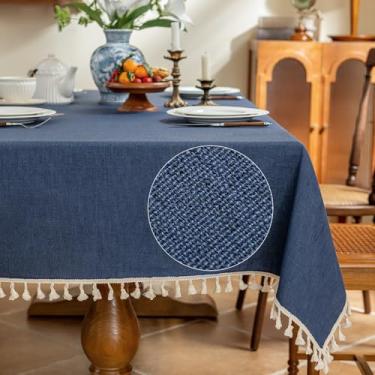 Imagem de AmHoo Toalha de mesa de mistura de linho toalha de mesa 280 g/m2 costura borla retangular decorativa natural capa de mesa para cozinha jantar casamento buffet 55×86 polegadas azul sodalita
