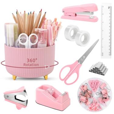 Imagem de Conjunto de acessórios de mesa de escritório, 10 peças, suporte de lápis, grampeador, dispensador de fita, tesoura, régua, clipes, 1000 grampos, rosa e preto (rosa)