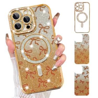 Imagem de Fiyart Capa projetada para iPhone 16 Pro, compatível com MagSafe Plating Clear X 2 peças de fita nós de laço com glitter papéis magnéticos para mulheres meninas proteção da câmera à prova de choque