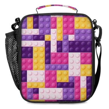 Imagem de Lancheira para meninos e meninas - Lancheira reutilizável com isolamento térmico para crianças - Blocos de construção roxos de grande capacidade, refrigerador de volta às aulas, lancheira térmica