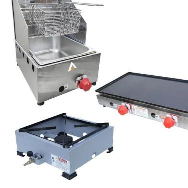 Imagem de Kit Lanchonete Fogão Portátil 1 Boca + Chapa 60cm e Fritadeira 1 Cuba 
