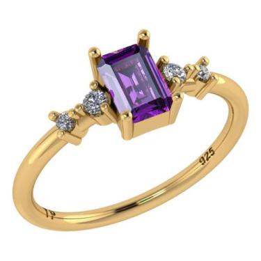 Imagem de Anel Viena Retangular Prata 925 Dourada 18k - Ametista - Tudo Prata, 3