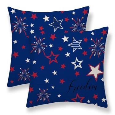 Imagem de Conjunto de 2 capas de almofada de 4 de julho 55 x 55 cm, estrelas vermelhas e brancas patrióticas de linho para uso ao ar livre Memorial Day Independence Day Capa de almofada decorativa para sofá,