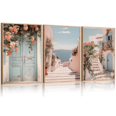 Imagem de KAIRNE Conjunto de arte de parede em tela emoldurada com cenário de Santorini do Mar Egeu, decoração de parede de rua da cidade da Grécia, pintura de parede de praia com flores de paisagem, impressões