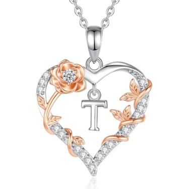 Imagem de EUDORA Colar feminino com inicial T e coração rosa, letra T, alfabeto, pingente banhado a ródio, cobre e zircônia cúbica, iniciais, joias presentes para mulheres, esposa, 45,7 cm, Cobre, Zircônia