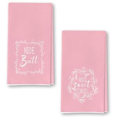 Imagem de wuguimeii Toalhas de mão de banheiro rosa engraçadas - Hello Sweet Cheeks Toalha de banho decorativa de cozinha rústica - Acessórios de banheiro rosa toalha de waffle para banheiro de fazenda 40,6 x