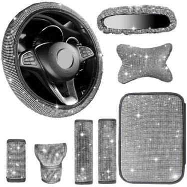 Imagem de MINGZAIQIPEI Conjunto de 8 peças de acessórios de carro brilhantes, capa de volante de 38 cm, decoração universal para mulheres, capa de espelho retrovisor brilhante, encosto de cabeça de carro