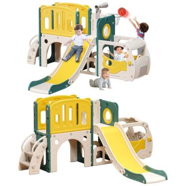 Imagem de Escorregador para Bebês MOCUTEEN, Playground Temático de Ônibus com Escalador, Cesta de Basquete e Playground Externo para Crianças.