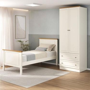 Imagem de Conjunto Dormitório 1 Cama Solteiro 1 Guarda-Roupa 2 Portas Ananda CabeCasa MadeiraMadeira Off White/Mel