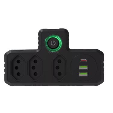 Imagem de Adaptador de Tomada Inteligente 3 Tomadas 2 Interface USB 1 Porta USB Type-C Preto 2500W 10A