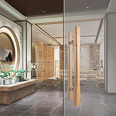 Imagem de Maçaneta de porta de vidro maciça, maçanetas de vidro com laterais de madeira traseira e traseira em forma de H Puxador de porta deslizante de escritório apoio de braço de tela de hotéis / 600 mm ()