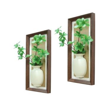 Imagem de Generic Vaso De Parede Com Moldura Madeira E Plantas Artificiais, Decoração Interna, Suporte Para Frescas Secas, Arte Sala Estar, Quarto Cozinha (2 Peças)