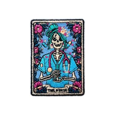 Imagem de MEIYSTICK Remendos bordados com cartão de tarô esqueleto The Nurse para roupas, mochilas, chapéus, jeans, bolsas, tamanho esqueleto, 7,6 cm, aplique de ferro ou costurado, aplique de enfermeira