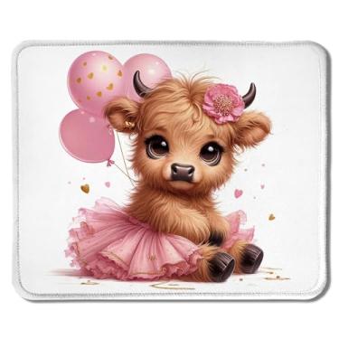 Imagem de Foritho Tapete de mouse fofo para bebês de vaca Highland, novilha feminina de vaca Highland com balão, mouse pads para trabalho, jogos, computadores, laptop, acessórios de mesa, presentes femininos